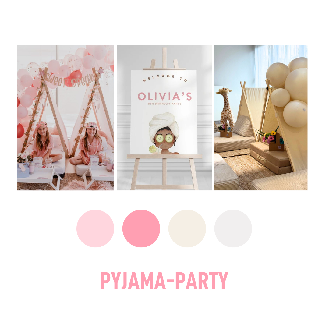 Bildausschnitte einer Geburtstagsparty mit dem Motto Pyjama-Party mit kleinen Zelten, Wellnessangeboten passenden Getränken