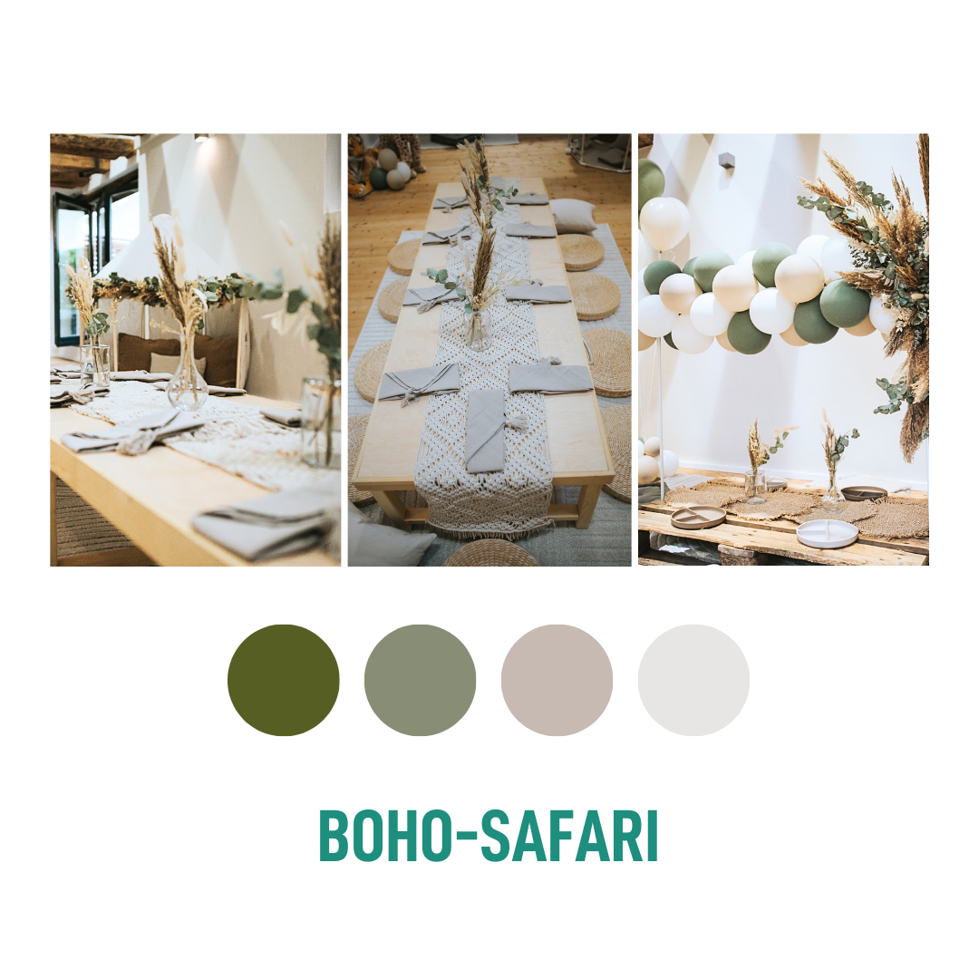Bildausschnitte einer Geburtstagsparty mit dem Motto Boho-Safari mit passender Tischdeko in den Farbweltengrün, beige und grau