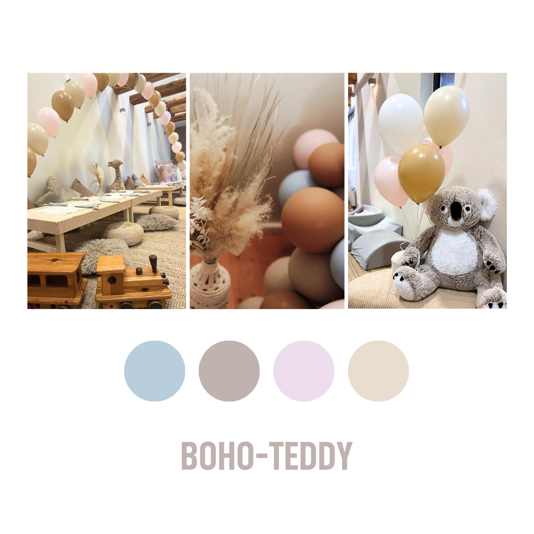 Bildausschnitte einer Geburtstagsparty mit dem Motto Boho-Teddy mit farblich abgestimmter Deko in bunten Pastellfarben und großen Kuscheltieren