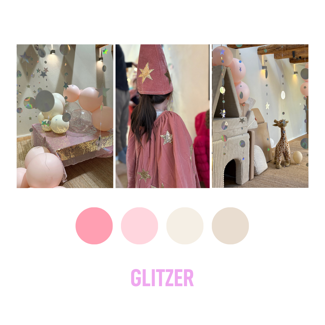 Bildausschnitte einer Geburtstagsparty mit dem Motto Glitzer in den Farbwelten rosa und pastell