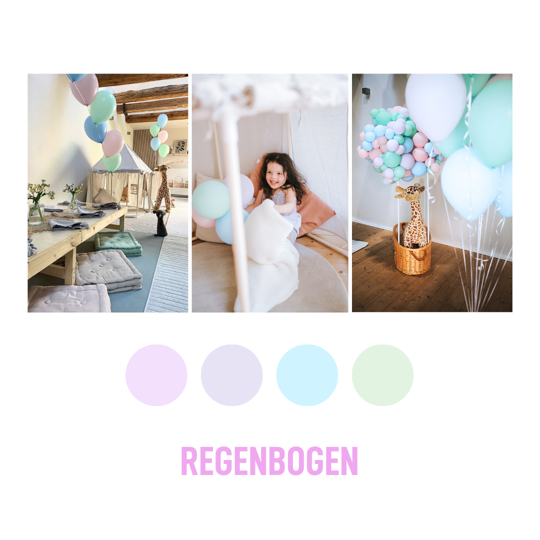 Bildausschnitte einer Geburtstagsparty mit dem Motto Regenbogen mit bunten Ballons in Pastellfarben