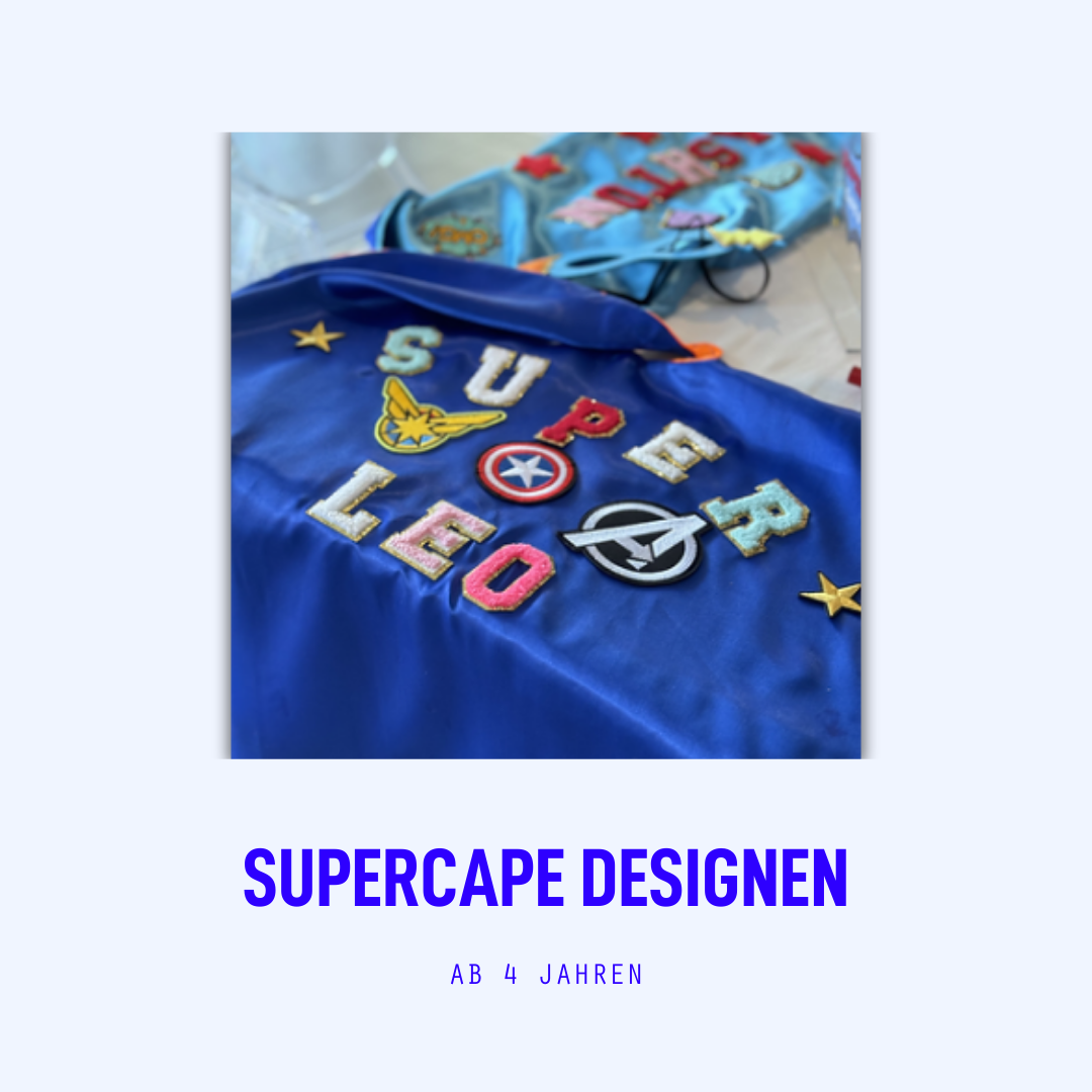 Eine mit Bügelpads verziertes Cape als Workshop für einen Kindergeburtstag ab 4 Jahre