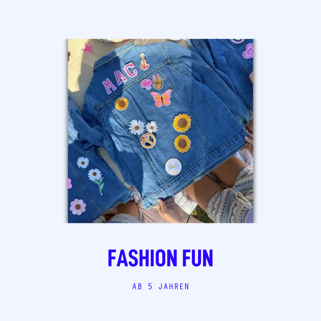 Eine mit Bügelpads verzierte Jeansjacke als Workshop für einen Kindergeburtstag ab 5 Jahren